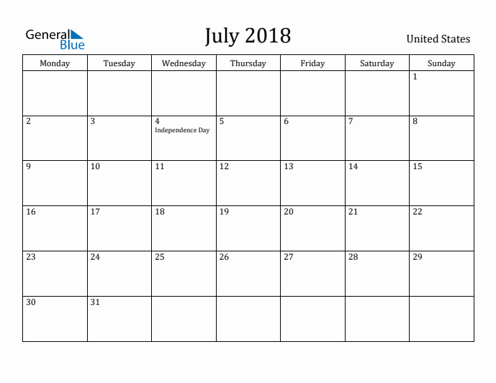 July 2018 Calendar United States