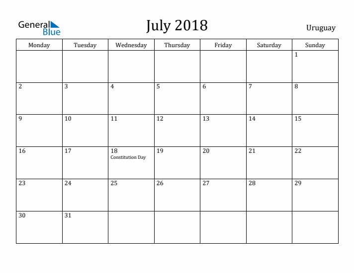 July 2018 Calendar Uruguay