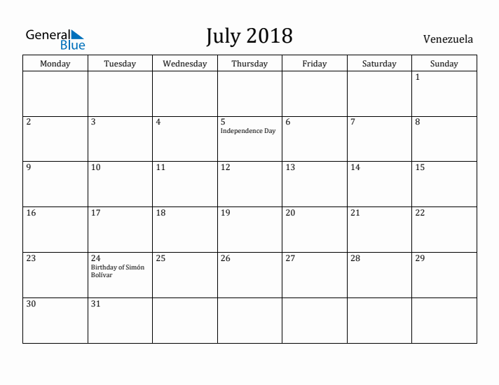 July 2018 Calendar Venezuela
