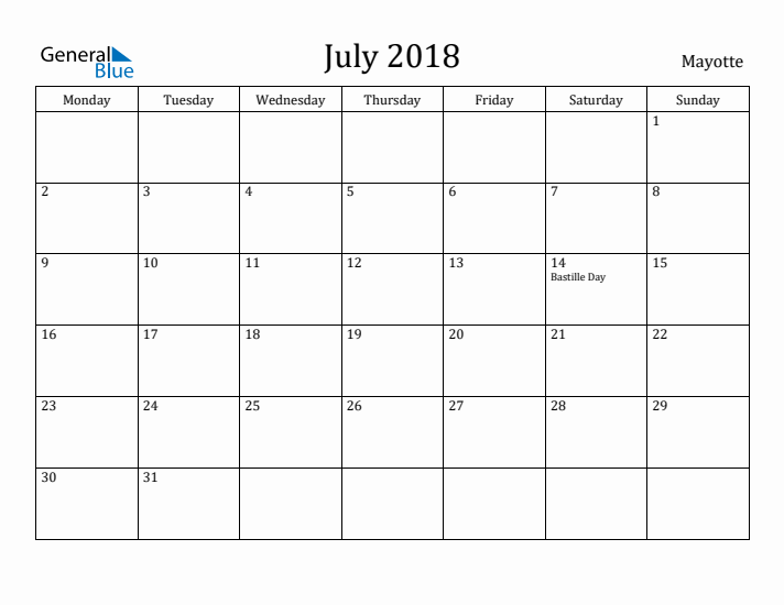 July 2018 Calendar Mayotte