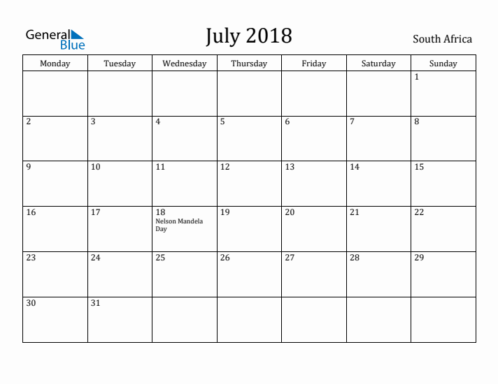 July 2018 Calendar South Africa