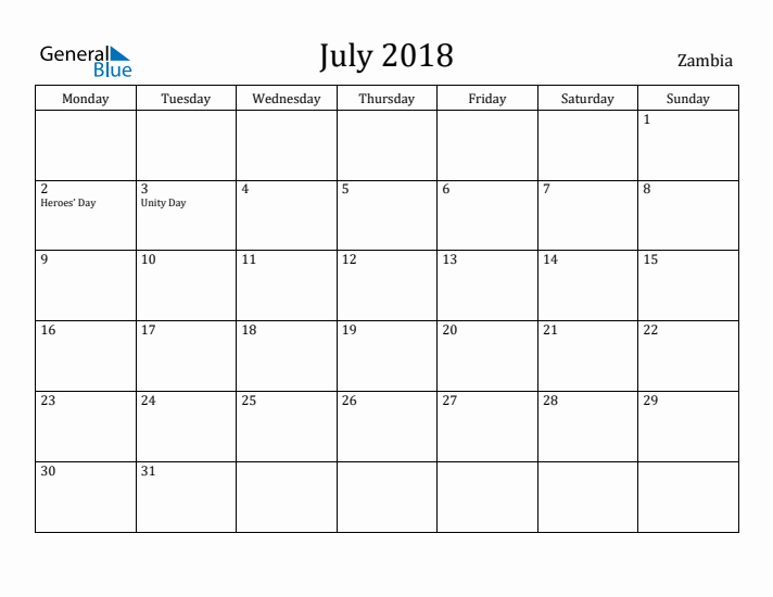 July 2018 Calendar Zambia