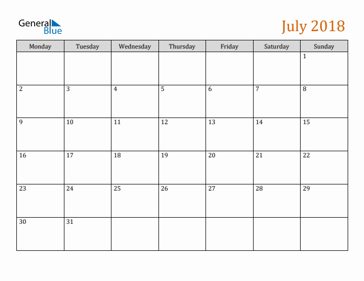 Editable July 2018 Calendar