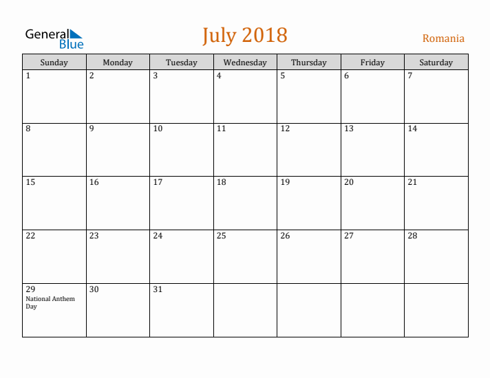 July 2018 Holiday Calendar with Sunday Start