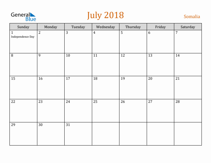 July 2018 Holiday Calendar with Sunday Start