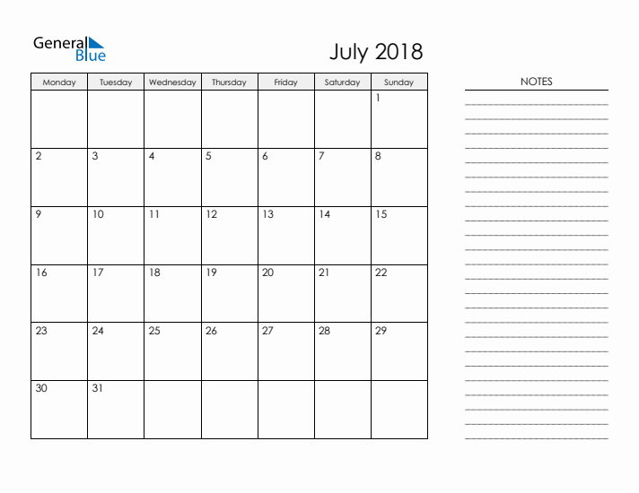 Printable Monthly Calendar with Notes - July 2018