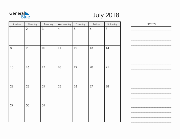 Printable Monthly Calendar with Notes - July 2018