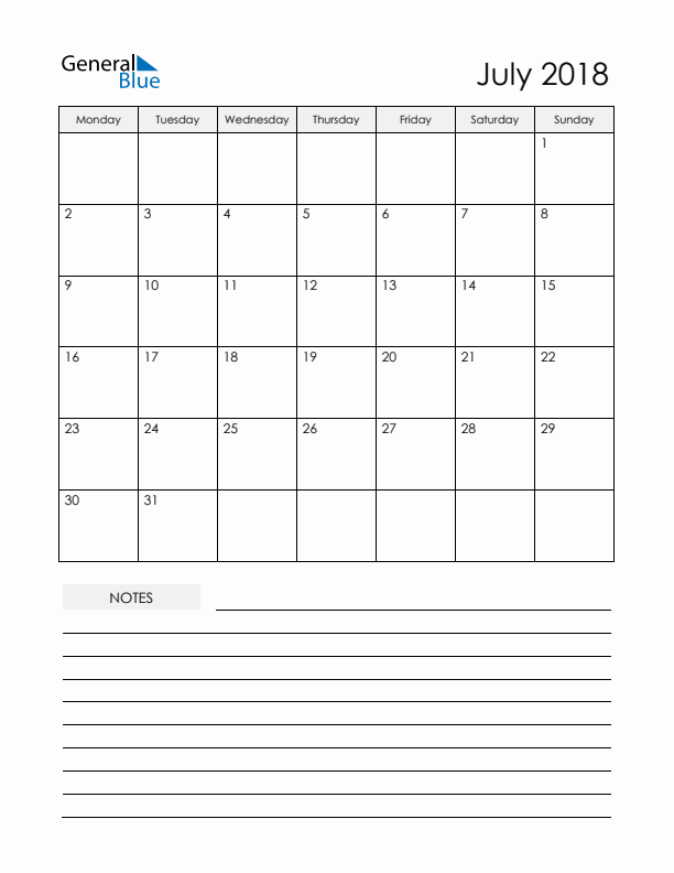 Printable Calendar with Notes - July 2018 