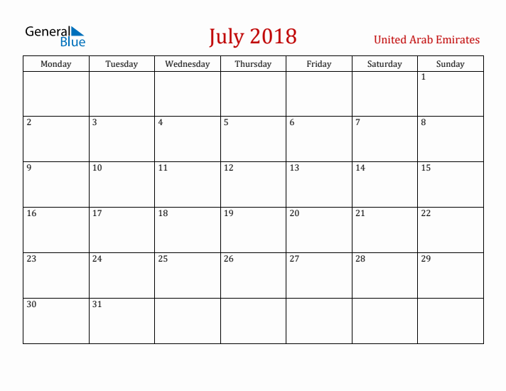 United Arab Emirates July 2018 Calendar - Monday Start