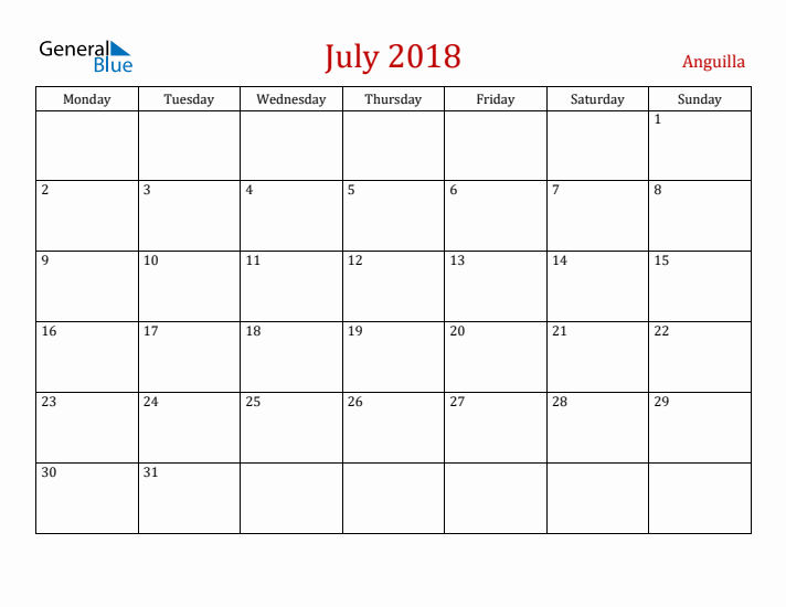 Anguilla July 2018 Calendar - Monday Start