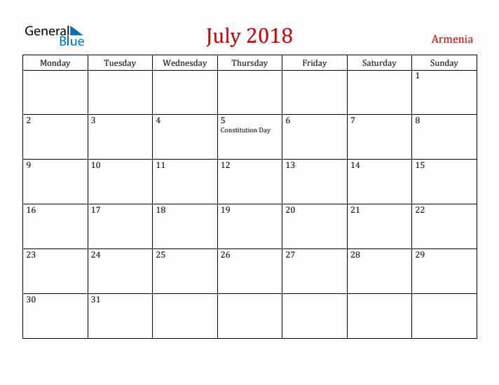 Armenia July 2018 Calendar - Monday Start