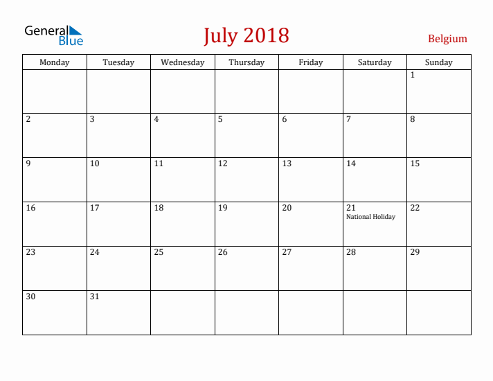Belgium July 2018 Calendar - Monday Start