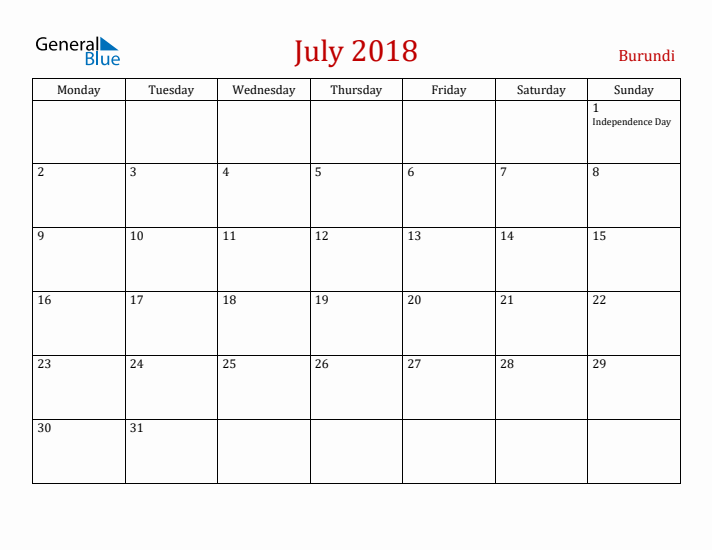 Burundi July 2018 Calendar - Monday Start