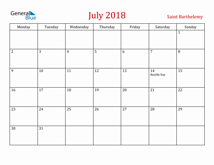 Saint Barthelemy July 2018 Calendar - Monday Start