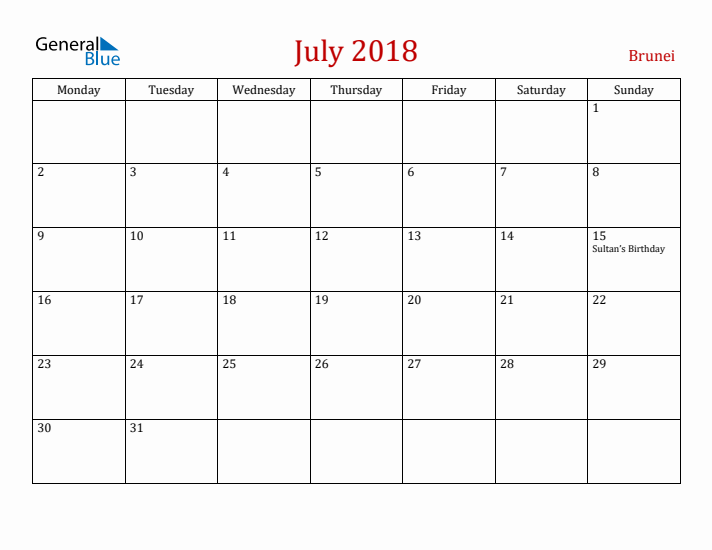 Brunei July 2018 Calendar - Monday Start