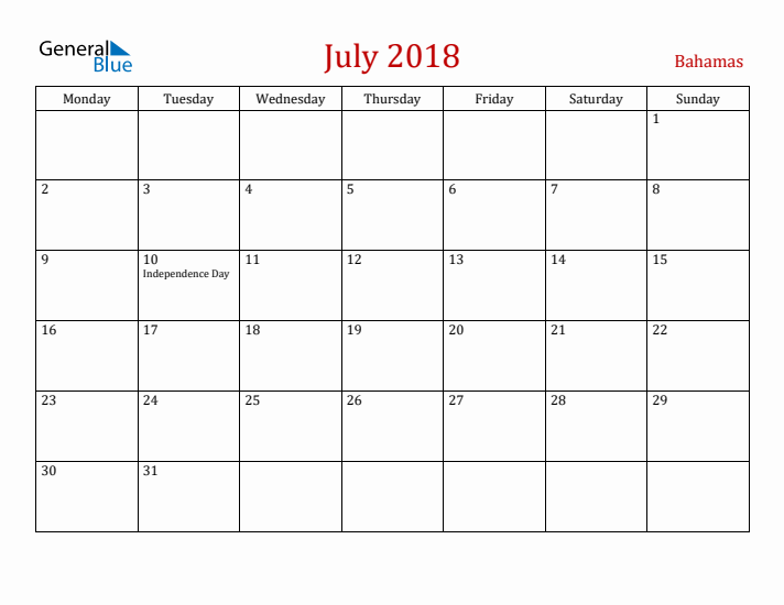 Bahamas July 2018 Calendar - Monday Start