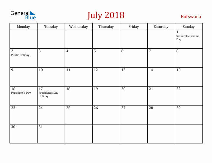 Botswana July 2018 Calendar - Monday Start