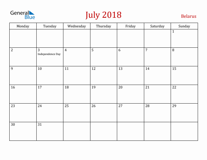 Belarus July 2018 Calendar - Monday Start
