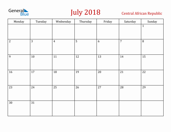 Central African Republic July 2018 Calendar - Monday Start