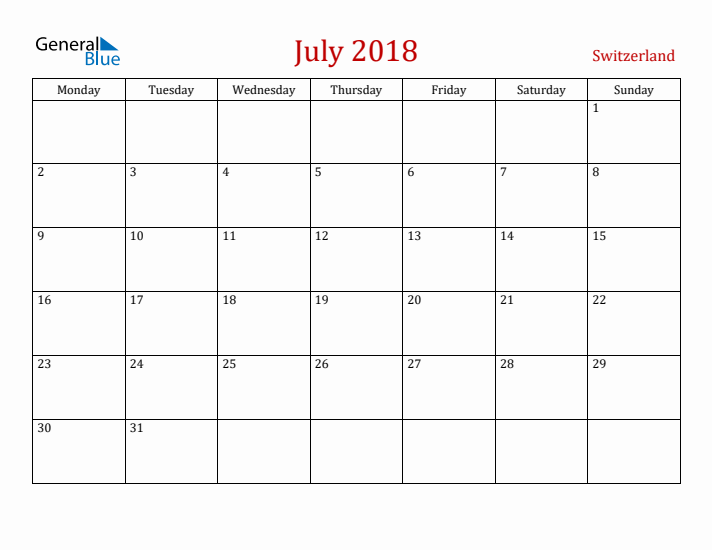Switzerland July 2018 Calendar - Monday Start