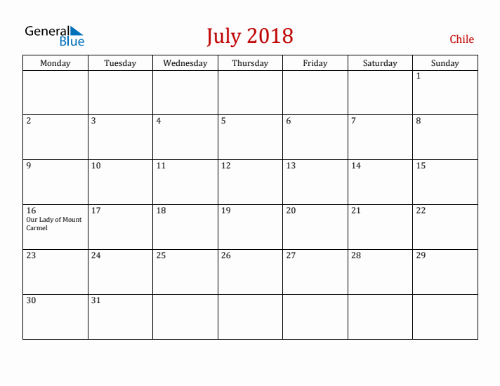 Chile July 2018 Calendar - Monday Start