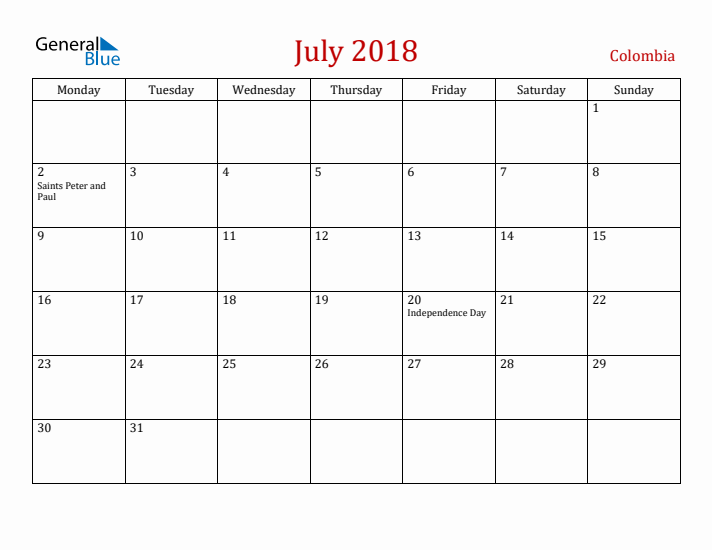 Colombia July 2018 Calendar - Monday Start