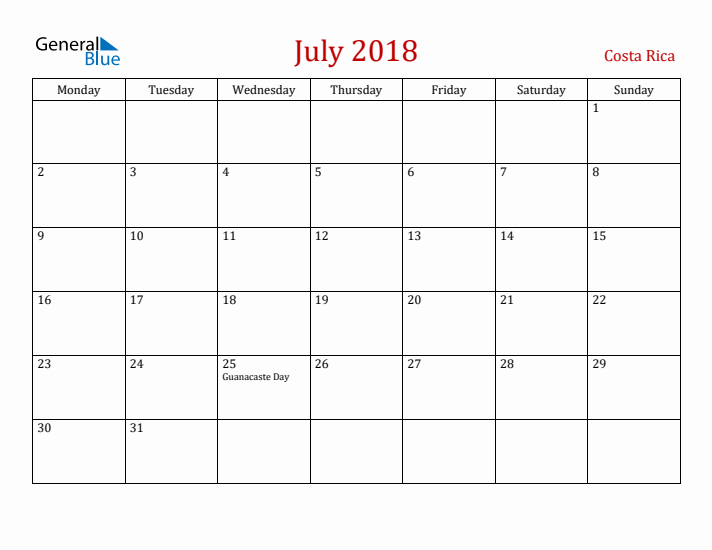 Costa Rica July 2018 Calendar - Monday Start