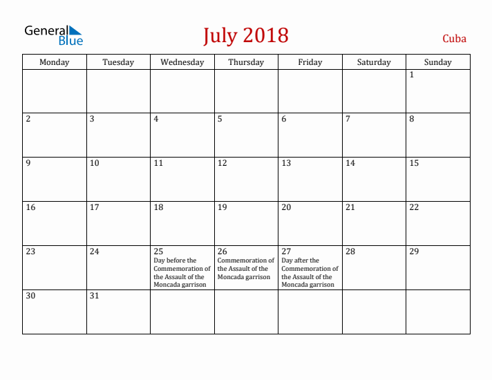 Cuba July 2018 Calendar - Monday Start