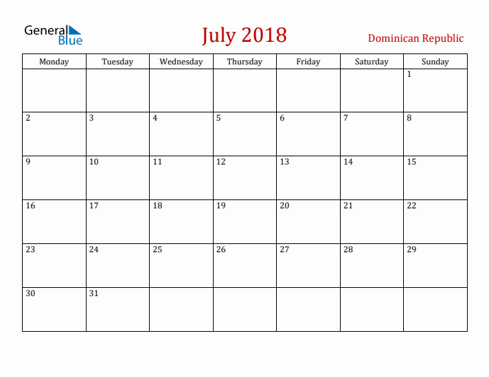 Dominican Republic July 2018 Calendar - Monday Start