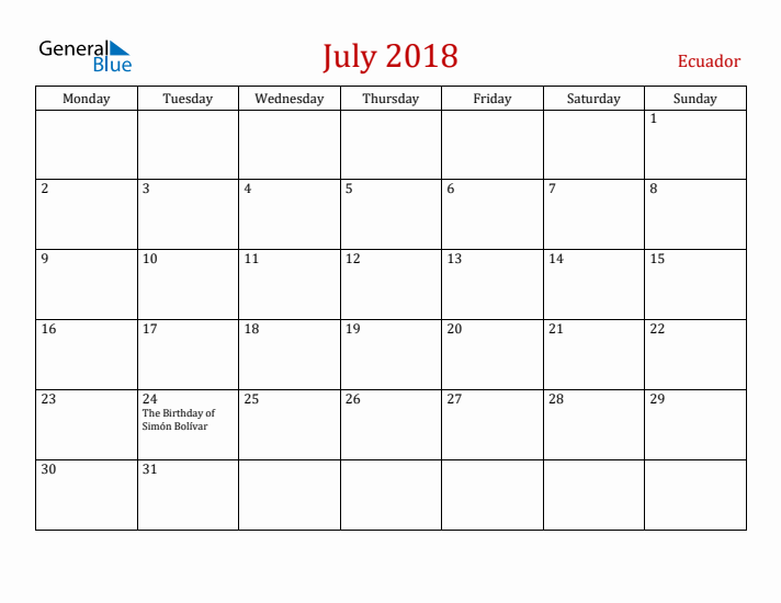 Ecuador July 2018 Calendar - Monday Start