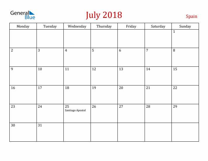 Spain July 2018 Calendar - Monday Start