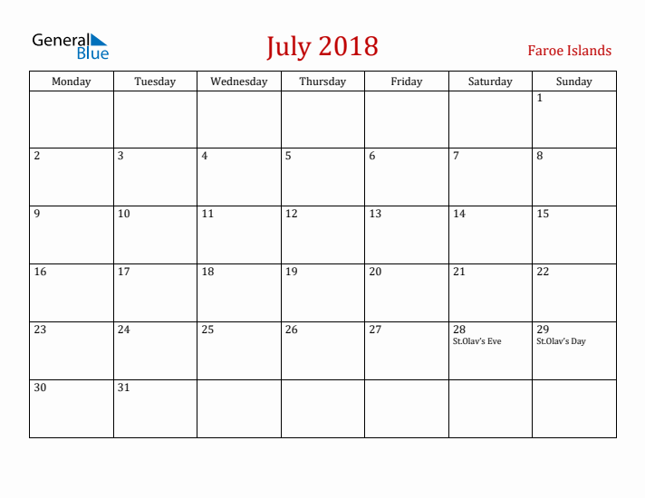 Faroe Islands July 2018 Calendar - Monday Start