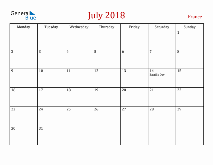 France July 2018 Calendar - Monday Start