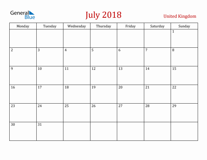 United Kingdom July 2018 Calendar - Monday Start