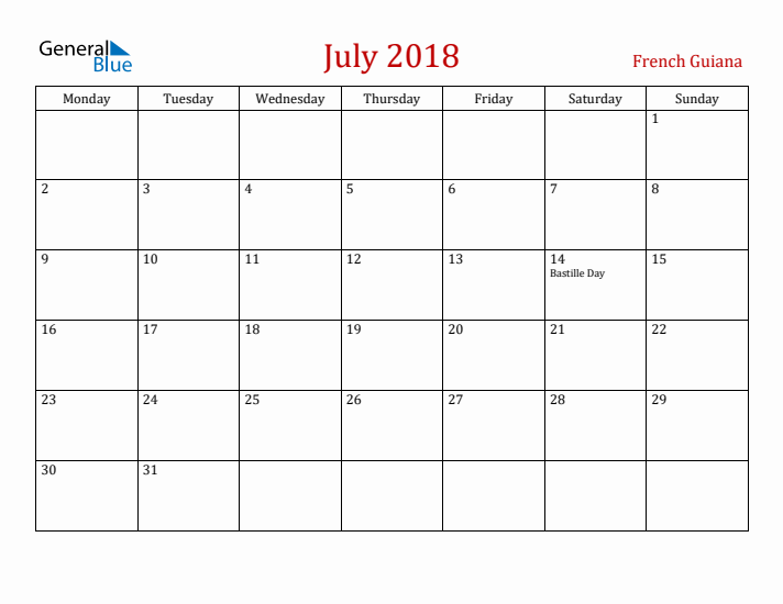French Guiana July 2018 Calendar - Monday Start