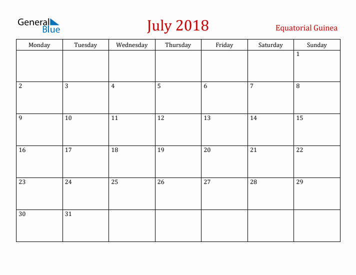 Equatorial Guinea July 2018 Calendar - Monday Start