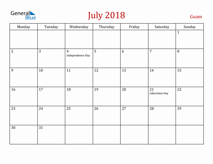 Guam July 2018 Calendar - Monday Start