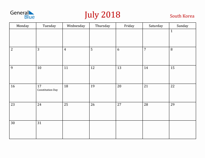 South Korea July 2018 Calendar - Monday Start