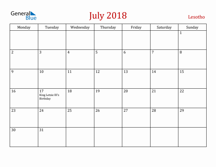 Lesotho July 2018 Calendar - Monday Start