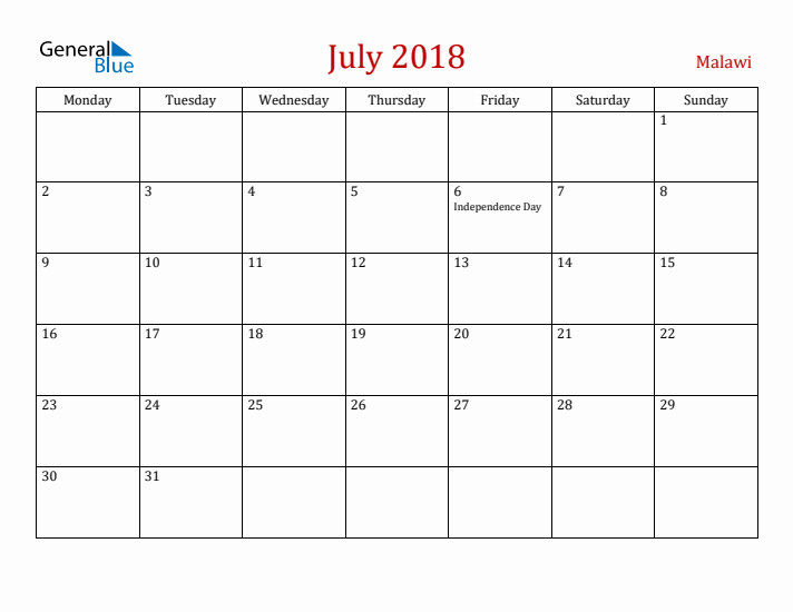 Malawi July 2018 Calendar - Monday Start