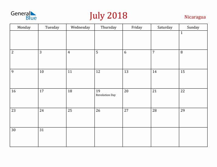 Nicaragua July 2018 Calendar - Monday Start