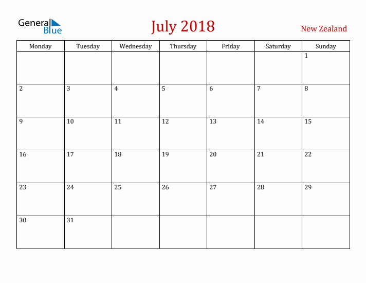 New Zealand July 2018 Calendar - Monday Start