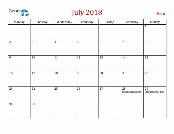 Peru July 2018 Calendar - Monday Start