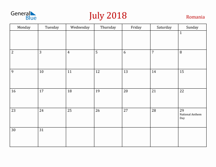 Romania July 2018 Calendar - Monday Start