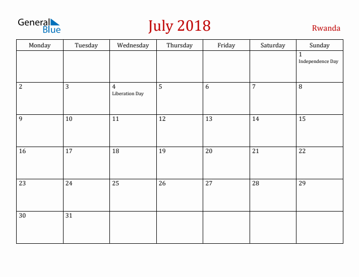 Rwanda July 2018 Calendar - Monday Start