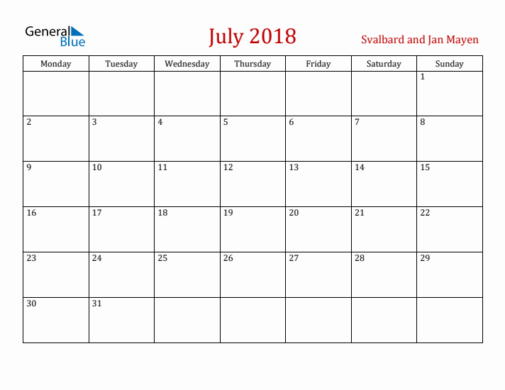 Svalbard and Jan Mayen July 2018 Calendar - Monday Start
