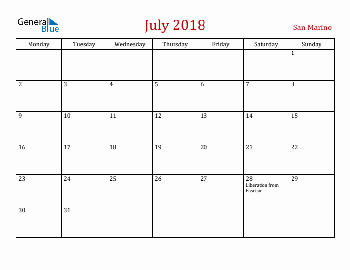 San Marino July 2018 Calendar - Monday Start
