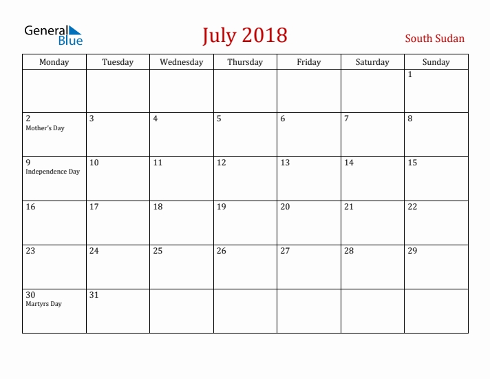 South Sudan July 2018 Calendar - Monday Start