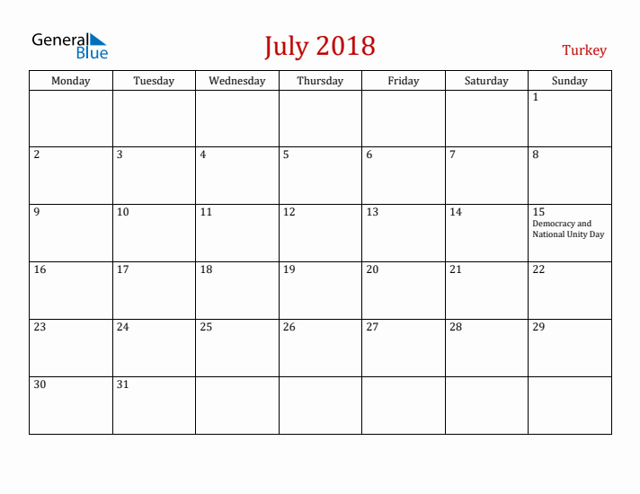 Turkey July 2018 Calendar - Monday Start