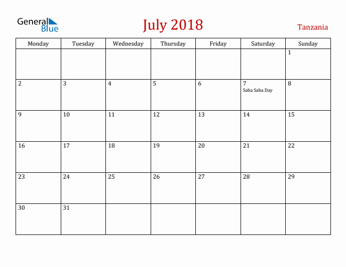 Tanzania July 2018 Calendar - Monday Start